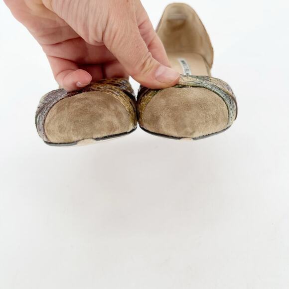 Manolo Blahnik Tan Suede Snakeskin PVC Cutout Pointed Toe D'Orsay Heel IT 36 - Picture 6 of 11